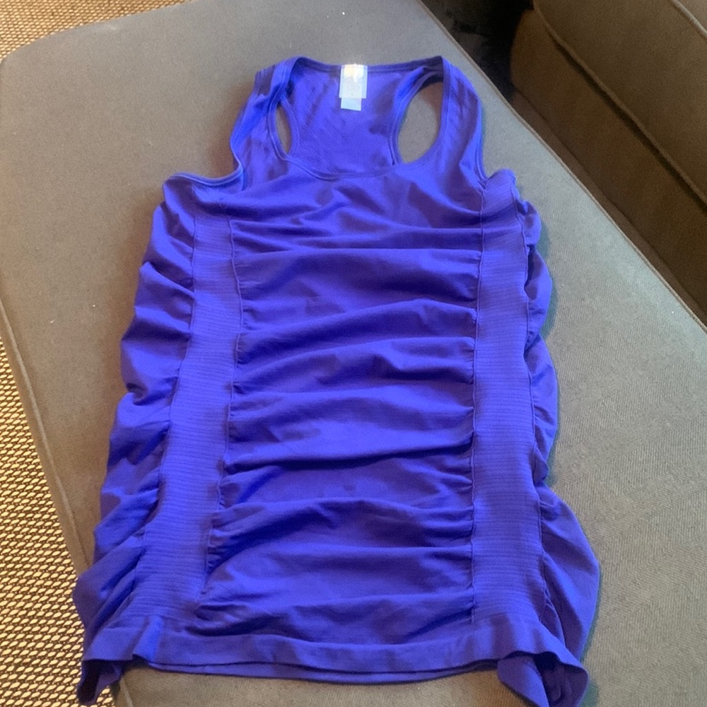 Calia tank top, EUC, L purple, ruching, racer back, workout or casual, long